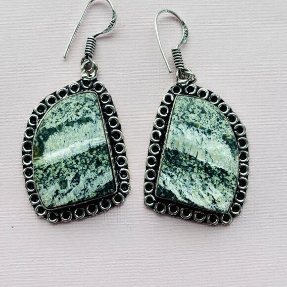 925 Sterling Silver Line Jasper Dangle Earrings - Picture 1 of 5